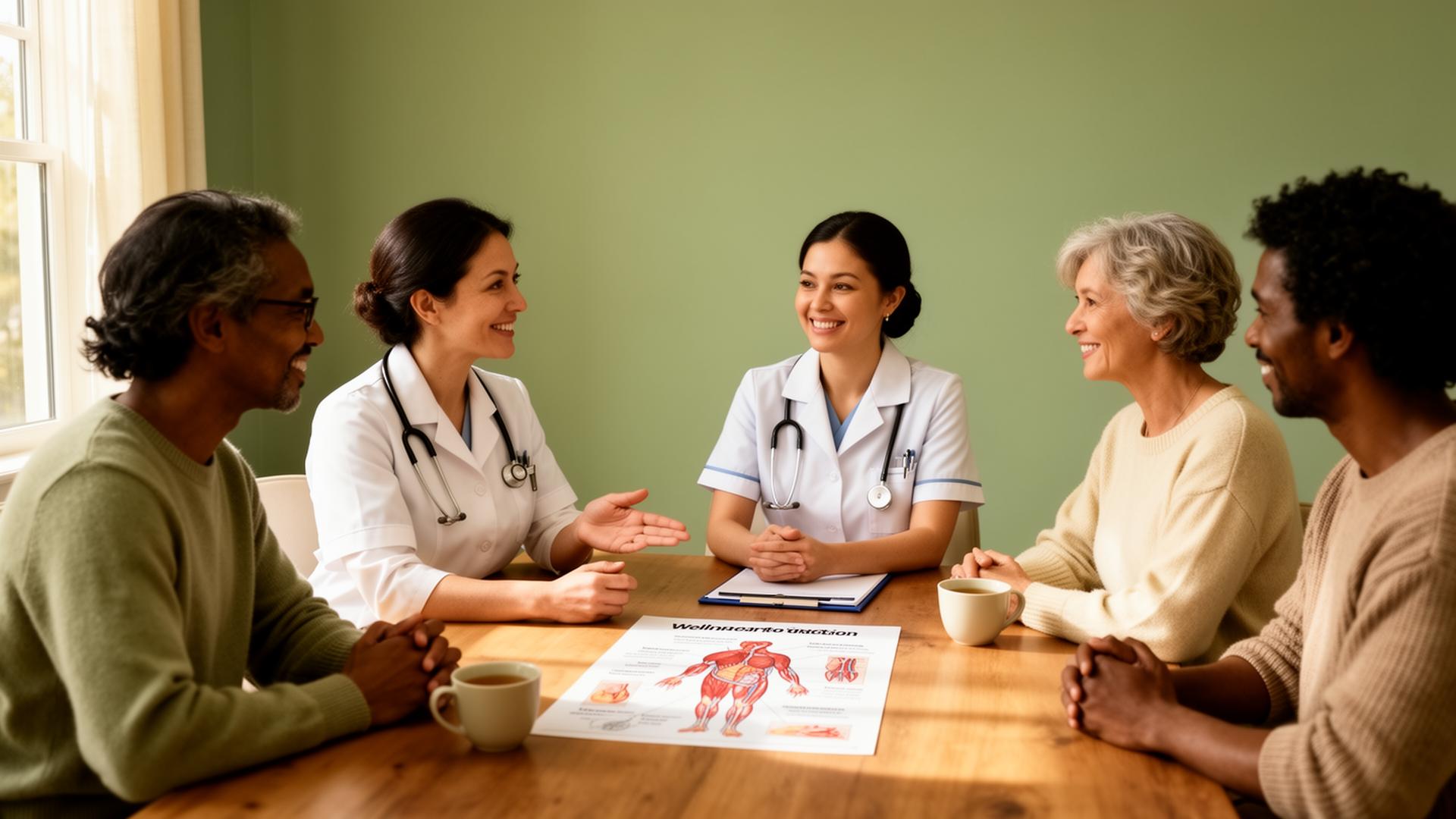 Nurse leading a wellness education session with a small, diverse group